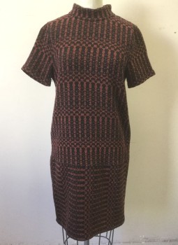 Womens, Dress, Short Sleeve, BILLY REID, Sienna Brown, Black, Poly/Cotton, Viscose, Geometric, Abstract , S, Thick Weave Material, Short Sleeves, Mock Neck, Shift Dress, Hem Above Knee,  Invisible Zipper at Center Back