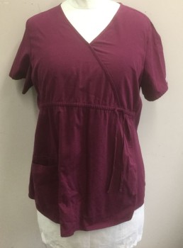 CHEROKEE FLEXIBLES, Red Burgundy, Poly/Cotton, Spandex, Solid, Short Sleeves, Faux Surplice V Neckline, Drawstring Waist, Stretch Jersey Panels at Sides, 3 Pockets at Hips