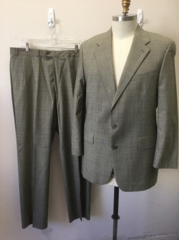 CHAPS RALPH LAUREN, Beige, Black, Lt Blue, Wool, Glen Plaid, Grid , Beige with Black Micro Glenplaid, Faint Blue Grid Stripes, Single Breasted, Notched Lapel, 2 Buttons, 3 Pockets, Solid Beige Lining