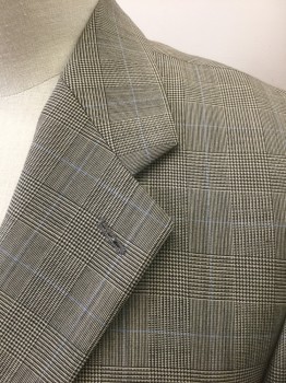 CHAPS RALPH LAUREN, Beige, Black, Lt Blue, Wool, Glen Plaid, Grid , Beige with Black Micro Glenplaid, Faint Blue Grid Stripes, Single Breasted, Notched Lapel, 2 Buttons, 3 Pockets, Solid Beige Lining