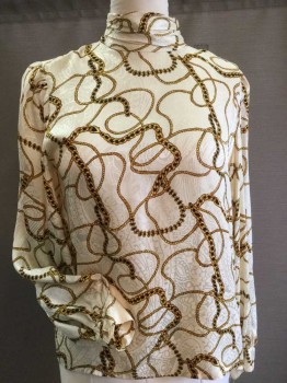 ADRIANA PAPELL, Cream, Gold, Black, Polyester, Paisley/Swirls, Novelty Pattern, Cream W/self Paisley Print, W/gold & Black Chain Link All Over, Gather Collar Attached W/3 Cover Button Back,