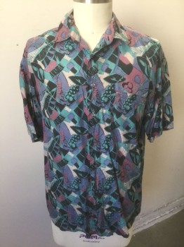 CHIAMARE, Multi-color, Black, Mauve Pink, Teal Green, Purple, Silk, Geometric, Abstract , Funky Pattern, Short Sleeve Button Front, Collar Attached, Late 1980's/Early 1990's