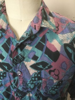 CHIAMARE, Multi-color, Black, Mauve Pink, Teal Green, Purple, Silk, Geometric, Abstract , Funky Pattern, Short Sleeve Button Front, Collar Attached, Late 1980's/Early 1990's