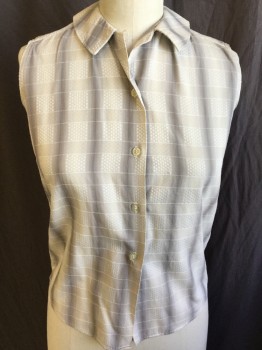 COS COB, Gray, Tan Brown, Off White, Cotton, Diamonds, Geometric, Collar Attached, Button Front, Sleeveless,