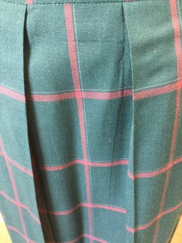 Womens, 1980s Vintage, Suit, Skirt, NL, Teal Blue, Pink, Linen, Cotton, Check , W:24, Long Skirt, 2 Pleats Front and Back, Wide, High Waist Band