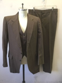 Mens, 1980s Vintage, Suit, Jacket, ZACHARY ALL, Brown, White, Wool, Stripes - Pin, 42, Single Breasted, Notched Lapel, 2 Buttons, 3 Pockets,