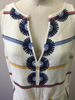 TORY BURCH, White, Blue, Yellow, Red, Indigo Blue, Linen, Cotton, Stripes, Embroidery Half Medallions at Neckline and Hem, Yellow Drawstring at Waist,  Chevron Seam at Center Front Skirt