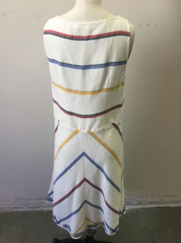 TORY BURCH, White, Blue, Yellow, Red, Indigo Blue, Linen, Cotton, Stripes, Embroidery Half Medallions at Neckline and Hem, Yellow Drawstring at Waist,  Chevron Seam at Center Front Skirt