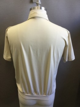 D'AVILA , Oatmeal Brown, Poly/Cotton, Solid, Collar Attached, Short Sleeves, 2 Patch Pockets, Open Weave Panel Front Sides, Ribbed Knit Waistband