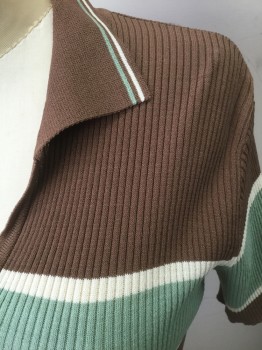 Womens, Pullover, OAK + FORT, Brown, Sea Foam Green, Cream, Synthetic, Stripes - Horizontal , Solid, S, Brown with Seafoam Stripe Across Chest with Cream Accents, Rib Knit, Short Sleeves, Polo Style with Collar Attached, V-neck,