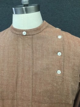 MTO, Lt Brown, Linen, Wool, Herringbone, Mend Slavic Style Shirt, Crew Neck with Side Left Front Opening, Long Sleeves with  Button Close Cuffs