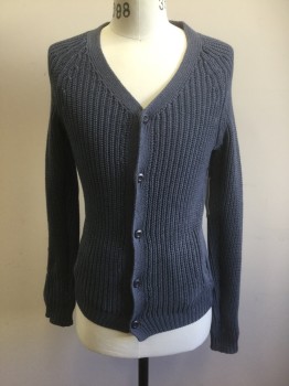 Mens, Cardigan Sweater, AMERICAN APPAREL, Slate Blue, Cotton, Polyester, Solid, XS, Knit, V-neck, 5 Button Front, 2 Pockets