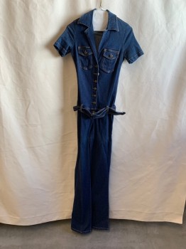 Womens, Jumpsuit, FRANKIE B, Blue, Cotton, Spandex, Solid, W 25, S, In 32, Button Front, Collar Attached, Short Sleeves, 2 Flap Patch Pockets, Self Belt, Belt Loops