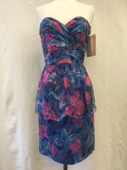 Womens, Cocktail Dress, SAKS FIFTH AVE, Teal Blue, Green, Hot Pink, Navy Blue, Purple, Silk, Abstract , Floral, W 26, B 34, Pleated Bust, Gathered Wrap Peplum Detail, Strapless, Split Back,
