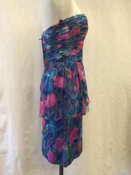 Womens, Cocktail Dress, SAKS FIFTH AVE, Teal Blue, Green, Hot Pink, Navy Blue, Purple, Silk, Abstract , Floral, W 26, B 34, Pleated Bust, Gathered Wrap Peplum Detail, Strapless, Split Back,
