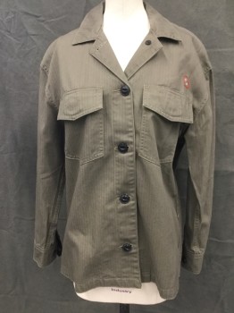 Womens, Casual Jacket, RAG & BONE, Dk Olive Grn, Cotton, Herringbone, XS, Shirt Jacket, Appears Like a Shadow Stripe, Button Front, Collar Attached, Long Sleeves, Button Cuff, 2 Flap Pocket, Red Heart Embroidery Above Pocket with RB, Doubles