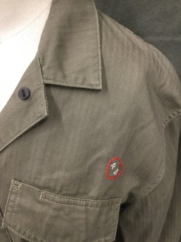 Womens, Casual Jacket, RAG & BONE, Dk Olive Grn, Cotton, Herringbone, XS, Shirt Jacket, Appears Like a Shadow Stripe, Button Front, Collar Attached, Long Sleeves, Button Cuff, 2 Flap Pocket, Red Heart Embroidery Above Pocket with RB, Doubles