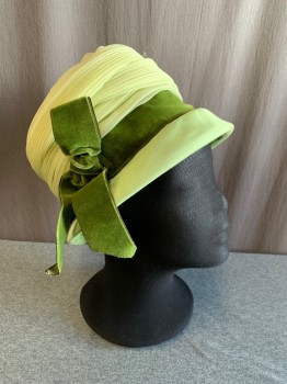 N/L, Lt Green, Dk Green, Nylon, Solid, Pleated Tulle Wrapped Around Crown, Wired Brim Turned Down, Dark Green Velvet Ribbon Hat Band with Bow