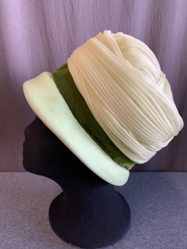 N/L, Lt Green, Dk Green, Nylon, Solid, Pleated Tulle Wrapped Around Crown, Wired Brim Turned Down, Dark Green Velvet Ribbon Hat Band with Bow