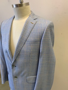 Mens, Sportcoat/Blazer, BARTORELLI NAPOLI, Lt Blue, White, Tan Brown, Wool, Glen Plaid, 42R, Single Breasted, Notched Lapel, 2 Buttons, 3 Pockets, Hand Picked Stitching at Lapel, Light Blue Lining