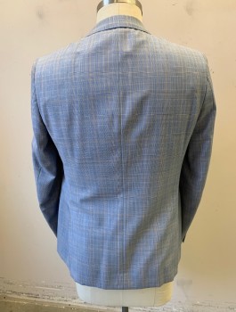 Mens, Sportcoat/Blazer, BARTORELLI NAPOLI, Lt Blue, White, Tan Brown, Wool, Glen Plaid, 42R, Single Breasted, Notched Lapel, 2 Buttons, 3 Pockets, Hand Picked Stitching at Lapel, Light Blue Lining