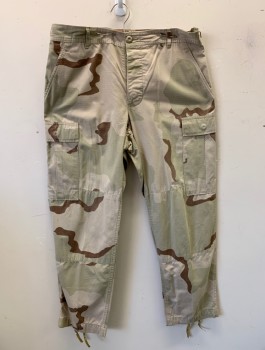 Mens, Pants, Military Uniform, N/L, Beige, Lt Brown, Cotton, Camouflage, Short, Medium, 34/30, Desert Camo, 6 Pockets Including Cargo Pockets at Hips, Button Fly, Military Issue