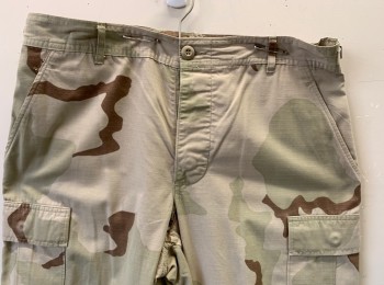 Mens, Pants, Military Uniform, N/L, Beige, Lt Brown, Cotton, Camouflage, Short, Medium, 34/30, Desert Camo, 6 Pockets Including Cargo Pockets at Hips, Button Fly, Military Issue