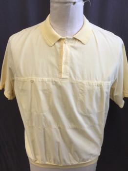 VAN HEUSEN, Yellow, Cotton, Solid, Polo Style, Ribbed Knit Yellow Collar Attached, Short Sleeves Cuffs, and Hem, 2 Button Front, 2 Pockets with 1 Button,