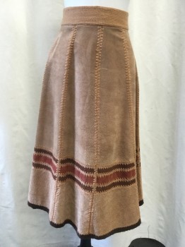 N/L, Tan Brown, Brown, Rust Orange, Leather, Polyester, Solid, Stripes - Horizontal , Below Knee, A-line, Gored Patchwork Panels Crocheted Together, Suede, Knit Waistband, Back Zipper, Miss Size