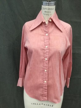 LADY MARLBORO, Red, Cotton, Polyester, Solid, Chambray, Button Front, Pointy Collar Attached, Raglan Long Sleeves, Button Cuff, *repaired Hole Back Left Lower*