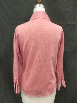LADY MARLBORO, Red, Cotton, Polyester, Solid, Chambray, Button Front, Pointy Collar Attached, Raglan Long Sleeves, Button Cuff, *repaired Hole Back Left Lower*