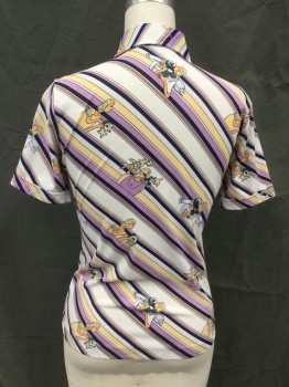 Womens, Blouse, SEARS, White, Navy Blue, Lavender Purple, Taupe, Polyester, Stripes - Diagonal , Human Figure, B32/34, Diagonal Stripe Intermingled with Girl Playing with Flowers, Button Front, Pointy Collar Attached, Short Sleeves