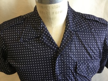 LEEJAY OF CALIFORNIA, Navy Blue, White, Polyester, Polka Dots, 2 Button Front, Epauletts, 1 Pocket with Flap, Short Sleeves,