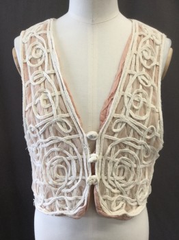 ALLA, Cream, Blush Pink, Polyester, Spandex, Solid, Swirl , Ornate Self Rope Cording Lace, Mesh, Blush Lining, Plunge V Neckline, 3 Button, Cropped, Center Back Self tie