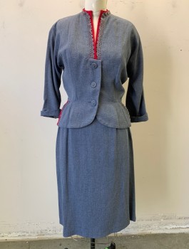 Womens, 1950s Vintage, Suit, Jacket, MINX MODES, Slate Blue, Cranberry Red, Cotton, W:26, B:36, 3/4 Dolman Sleeves, 3 Self Fabric Buttons at Front, Round Neck with Low V Notch, Cranberry Accent at Neck, with Gray Crochet Lace, Peplum Waist, No Lining,