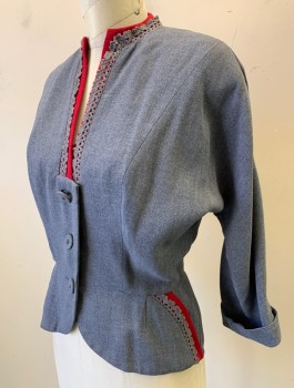 Womens, 1950s Vintage, Suit, Jacket, MINX MODES, Slate Blue, Cranberry Red, Cotton, W:26, B:36, 3/4 Dolman Sleeves, 3 Self Fabric Buttons at Front, Round Neck with Low V Notch, Cranberry Accent at Neck, with Gray Crochet Lace, Peplum Waist, No Lining,