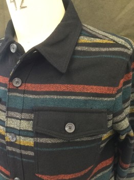 GOODFELLOW, Navy Blue, Brick Red, Teal Blue, Yellow, Lt Gray, Polyester, Wool, Stripes, Flannel Jacket Shirt, Button Front, Collar Attached, Long Sleeves, Button Cuff, 2 Side Pockets, 2 Button Flap Pockets