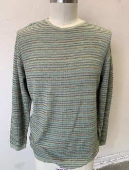ERMENEGILDO ZEGNA, Sage Green, Periwinkle Blue, Lt Brown, Turquoise Blue, Cotton, Acrylic, Lightweight Knit with Horizontally Ribbed Stripes, Pullover, L/S, U-Neck,