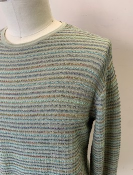 ERMENEGILDO ZEGNA, Sage Green, Periwinkle Blue, Lt Brown, Turquoise Blue, Cotton, Acrylic, Lightweight Knit with Horizontally Ribbed Stripes, Pullover, L/S, U-Neck,