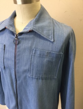Mens, Jacket, N/L, Denim Blue, Lt Blue, Poly/Cotton, Solid, L, Chambray, Zip Front with O-Ring Zipper Pull, Collar Attached, 2 Patch Pockets at Chest,
