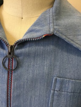 Mens, Jacket, N/L, Denim Blue, Lt Blue, Poly/Cotton, Solid, L, Chambray, Zip Front with O-Ring Zipper Pull, Collar Attached, 2 Patch Pockets at Chest,