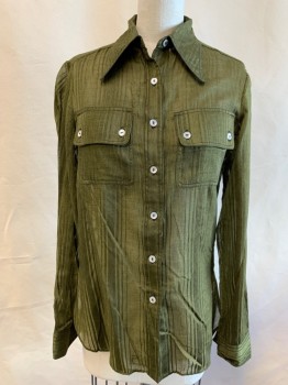 Womens, Blouse, MTO, Dk Olive Grn, Cotton, Stripes - Shadow, B 32, Sheer, Button Front, Collar Attached, 2 Flap Breast Pockets,ls Button Cuff, Multiple