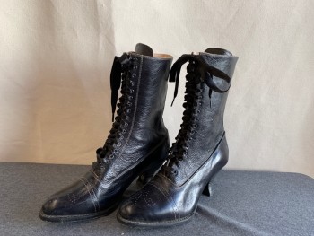 Womens, Boots 1890s-1910s, OAK TREE FARMS, Black, Leather, Solid, 7.5, Granny Style, Ribbon Lace Up, Cap Toe, 2" Heel