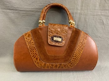 Womens, Purse, LORY, Brown, Smooth Leather with Accents of Snakeskin and Suede, Short Handles, Snap Closure, Paisley Lining