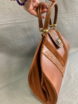 Womens, Purse, LORY, Brown, Smooth Leather with Accents of Snakeskin and Suede, Short Handles, Snap Closure, Paisley Lining