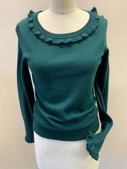 Womens, Pullover, BODEN, Dk Green, Wool, Cotton, Solid, 4, Jewel Neck with Ruffle Trim, Long Sleeves, Rib Knit Cuffs with Ruffle Edge