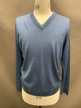 Mens, Pullover Sweater, BROOKS BROTHERS, Slate Blue, Wool, Solid, M, Long Sleeves, V-neck,