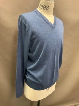 Mens, Pullover Sweater, BROOKS BROTHERS, Slate Blue, Wool, Solid, M, Long Sleeves, V-neck,