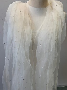 N/L MTO, Off White, Synthetic, Stars, S/S, Tulle Sleeves and Neckline, Star Sequins, Corset, Back, Matching Scarf with Gems