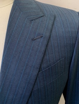 JOHN PERSE, Blue-Gray, Aqua Blue, Wool, Stripes - Vertical , Herringbone, 1 Button, Flap Pockets, Peak Lapel, Double Vent, 4 Working Sleeve Buttons, Pants Have a Repaired Tear on Upper Left Thigh See Detail Photo,